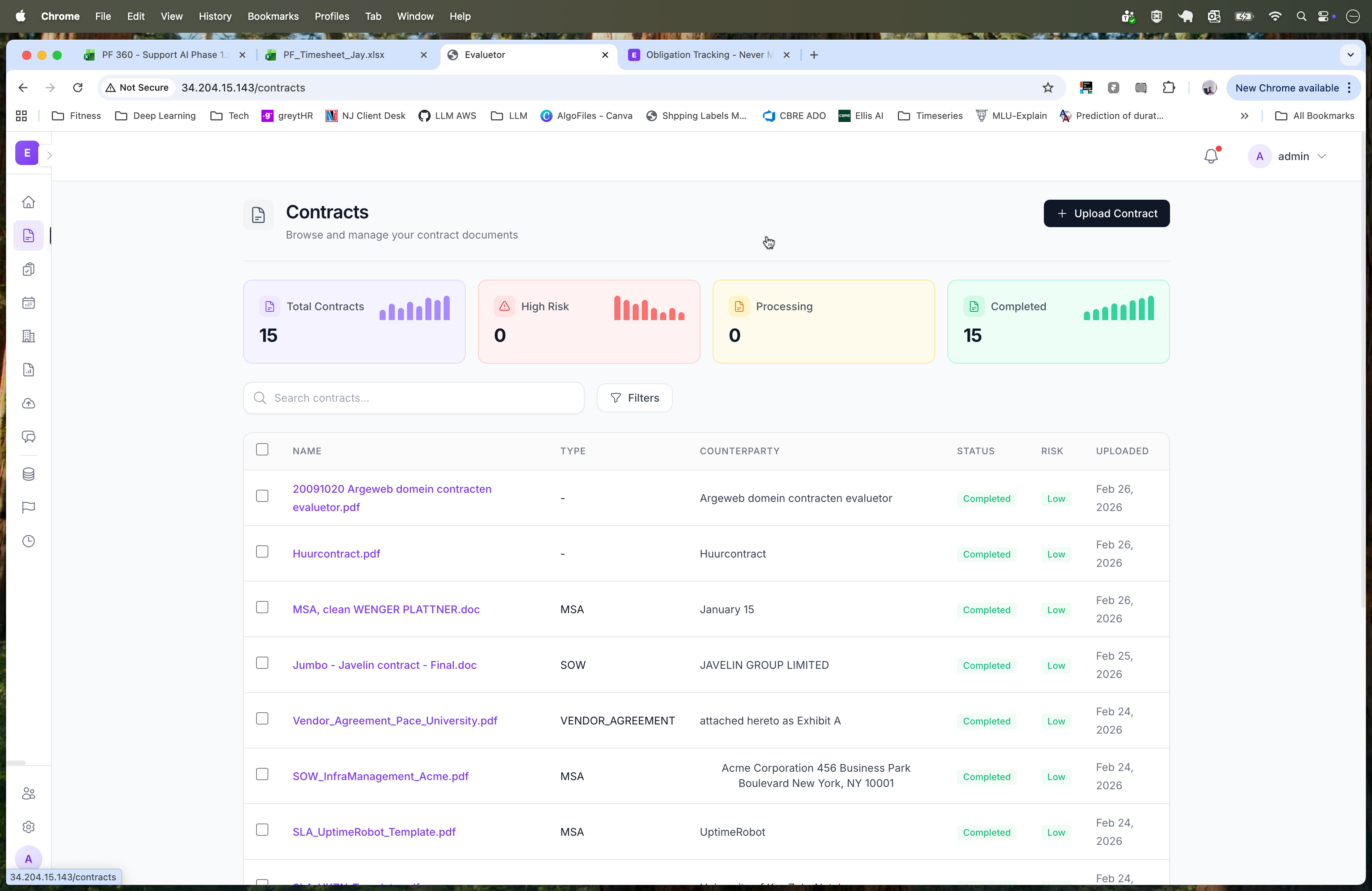 Contract list with extracted metadata